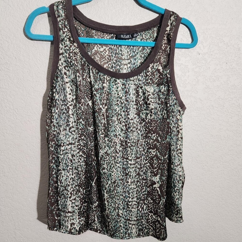 A.N.A Tank Top Womens Large Petite Sleeveless Brown Teal Animal Print Pocket